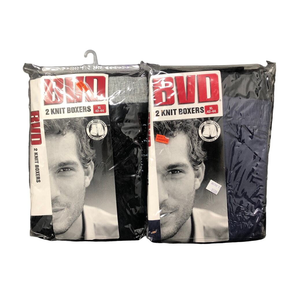 BVD Knit Boxers XL 42-44‎ Two-Pack Four Total Black Navy Heather Gray VTG 1999